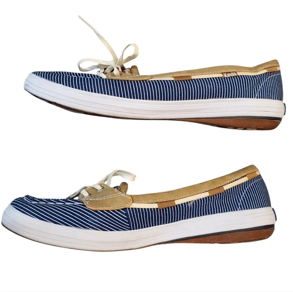 Keds Ortholite Navy White Tan Striped Loafers Shoes Laces Size 8.5 - Picture 8 of 12